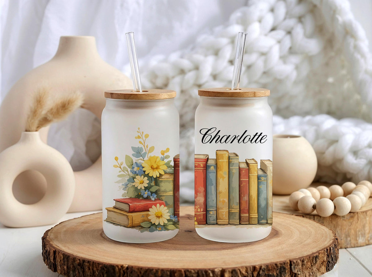 Personalized Frosted Glass Tumbler, Book Lover Floral Iced Coffee Cup