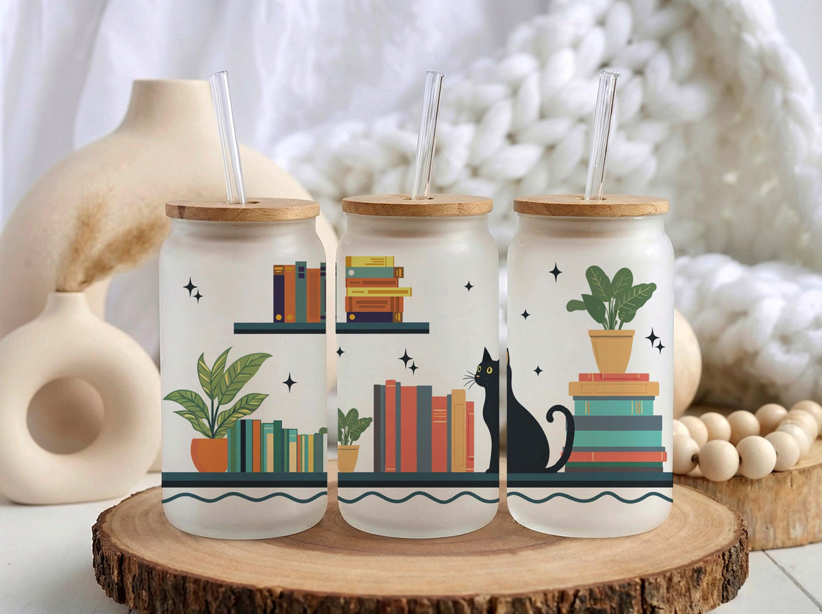 Personalized Bookish Cat Can Glass, Iced Coffee Tumbler, Book Lover Gift
