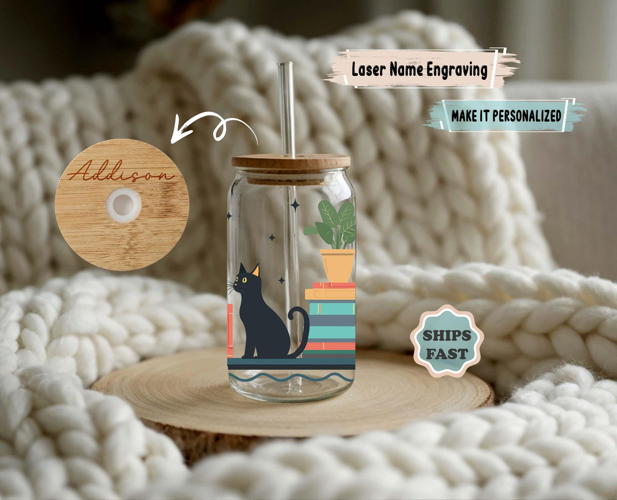 Personalized Bookish Cat Can Glass, Iced Coffee Tumbler, Book Lover Gift