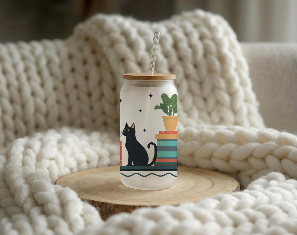 Personalized Bookish Cat Can Glass, Iced Coffee Tumbler, Book Lover Gift