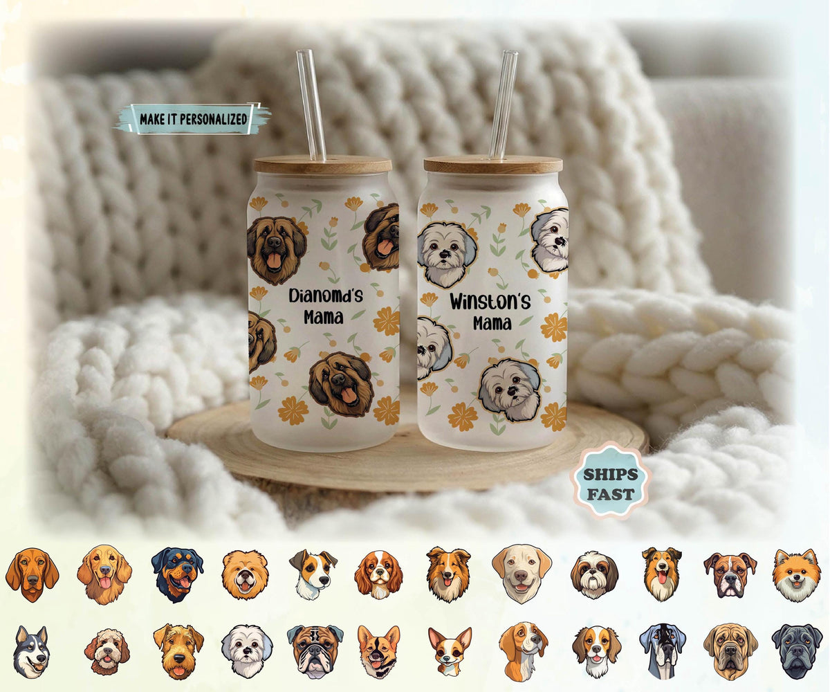 Custom Dog Breed Glass Tumbler, Personalized Pet Name Coffee Cup