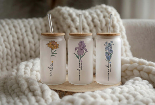 Custom Birth Flower Frosted Glass Tumbler, Personalized Name Floral Cup with Bamboo Lid