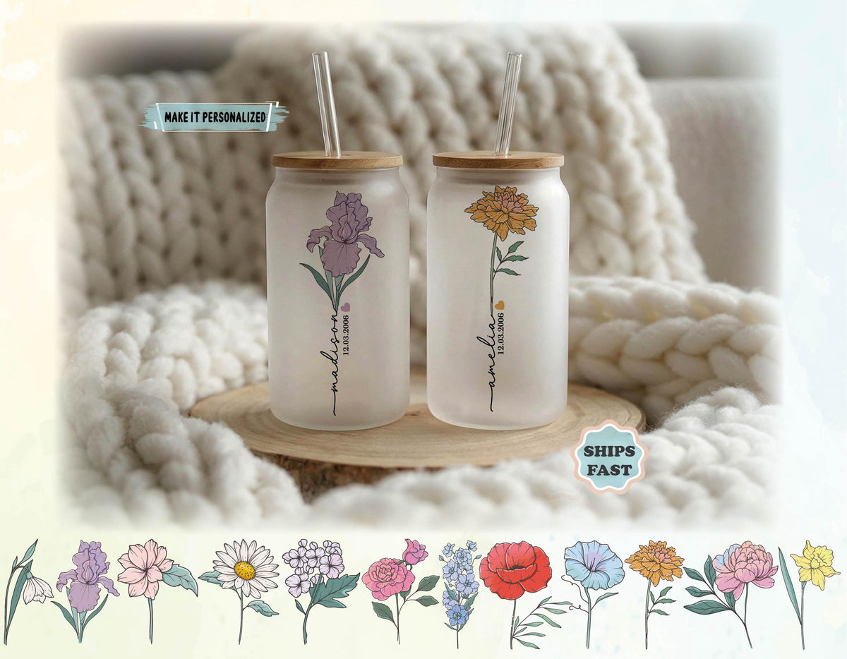 Custom Birth Flower Frosted Glass Tumbler, Personalized Name Floral Cup with Bamboo Lid