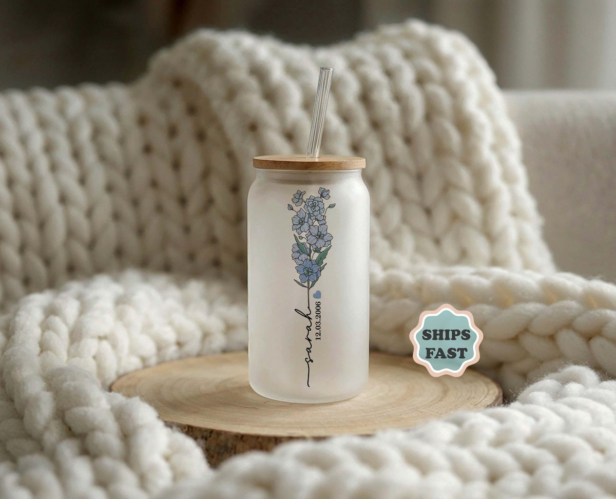 Custom Birth Flower Frosted Glass Tumbler, Personalized Name Floral Cup with Bamboo Lid
