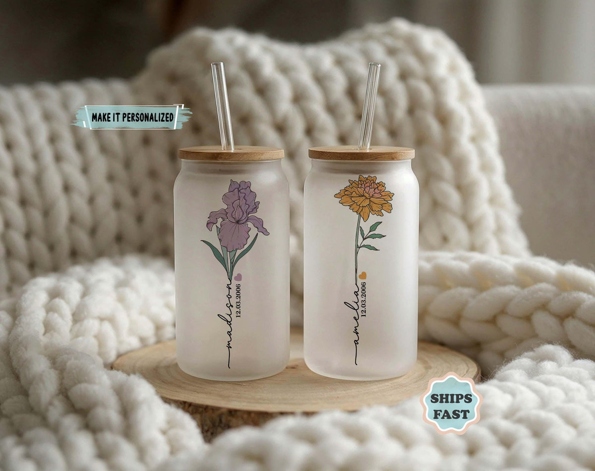 Custom Birth Flower Frosted Glass Tumbler, Personalized Name Floral Cup with Bamboo Lid