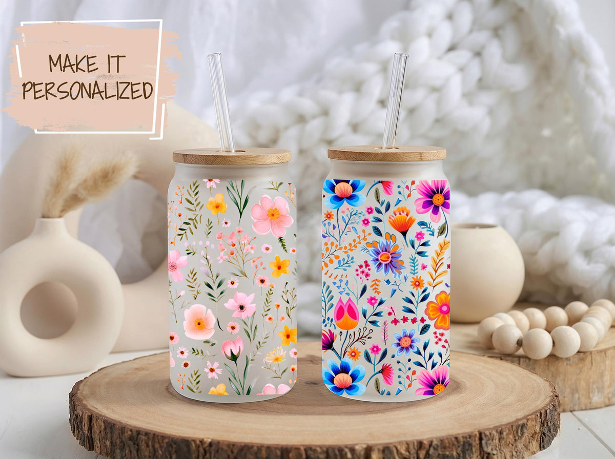Personalized Flower Glass Tumbler, Custom Iced Coffee Cup, Nature Lovers Eco Friendly Cup Gift