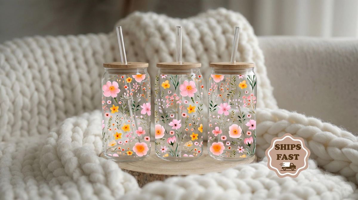 Personalized Flower Glass Tumbler, Custom Iced Coffee Cup, Nature Lovers Eco Friendly Cup Gift