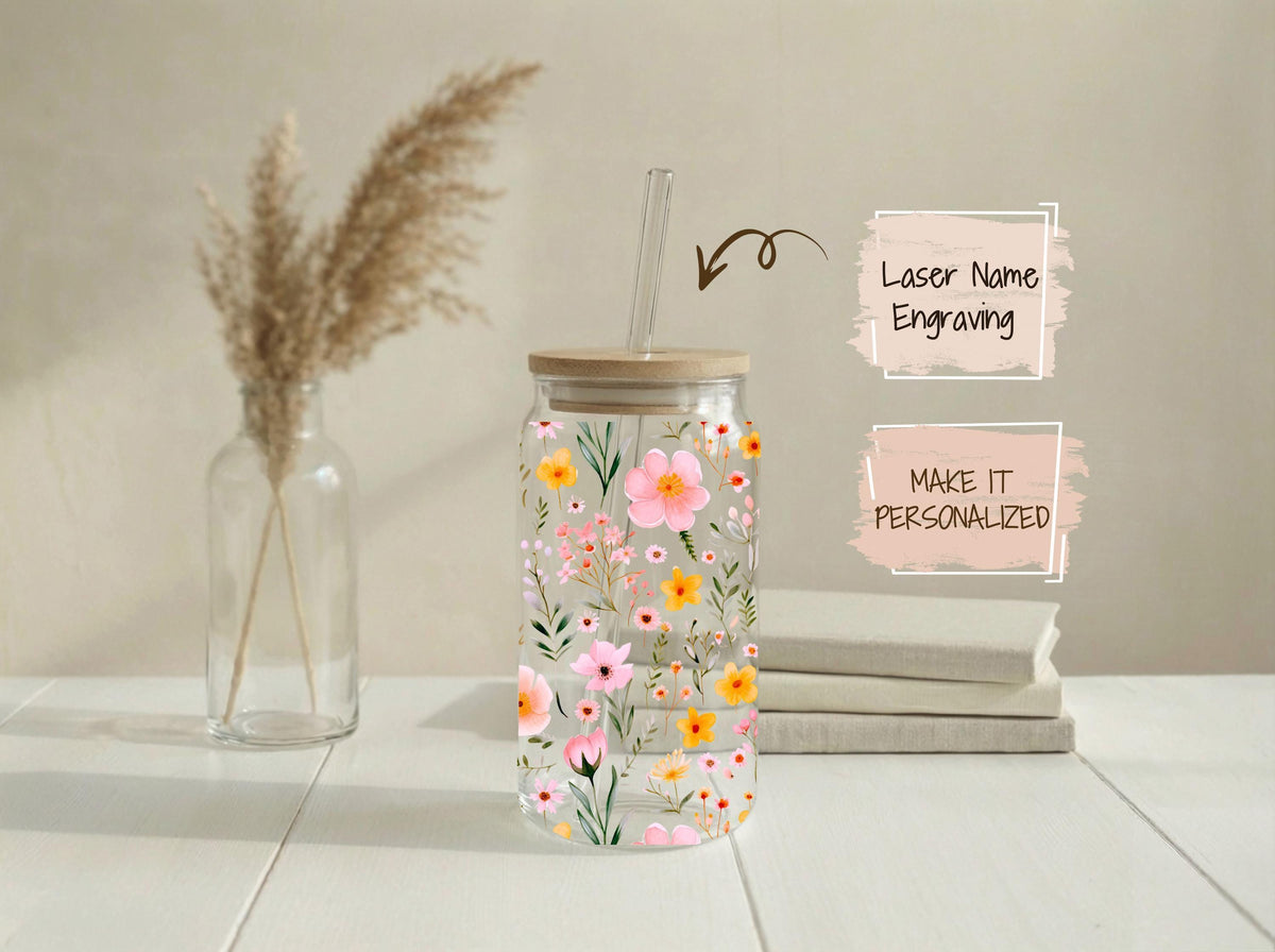 Personalized Flower Glass Tumbler, Custom Iced Coffee Cup, Nature Lovers Eco Friendly Cup Gift