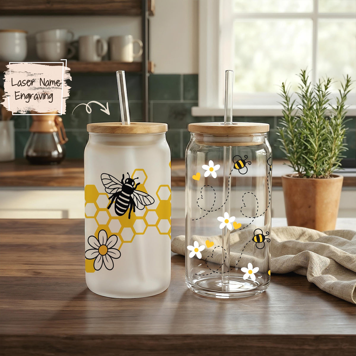 Personalized Honey Bee Glass Tumbler, Custom Name Bumble Bee Iced Coffee Cup (16oz)