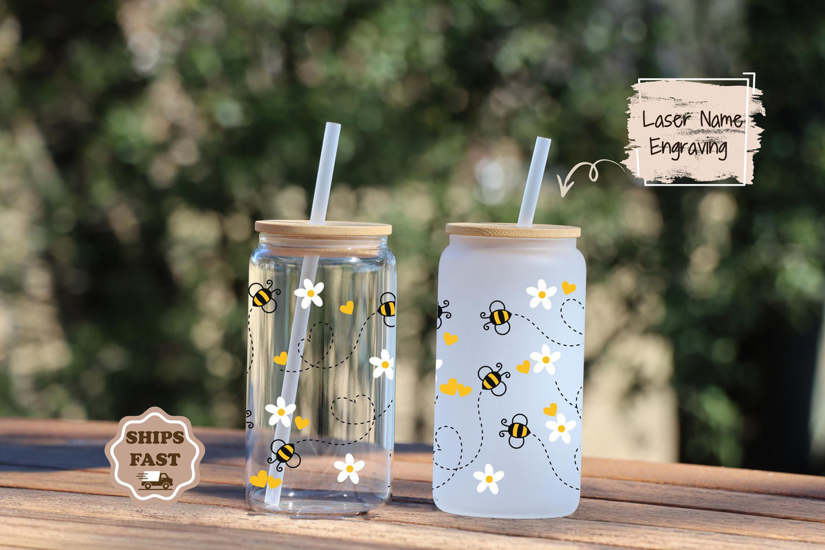 Personalized Honey Bee Glass Tumbler, Custom Name Bumble Bee Iced Coffee Cup (16oz)