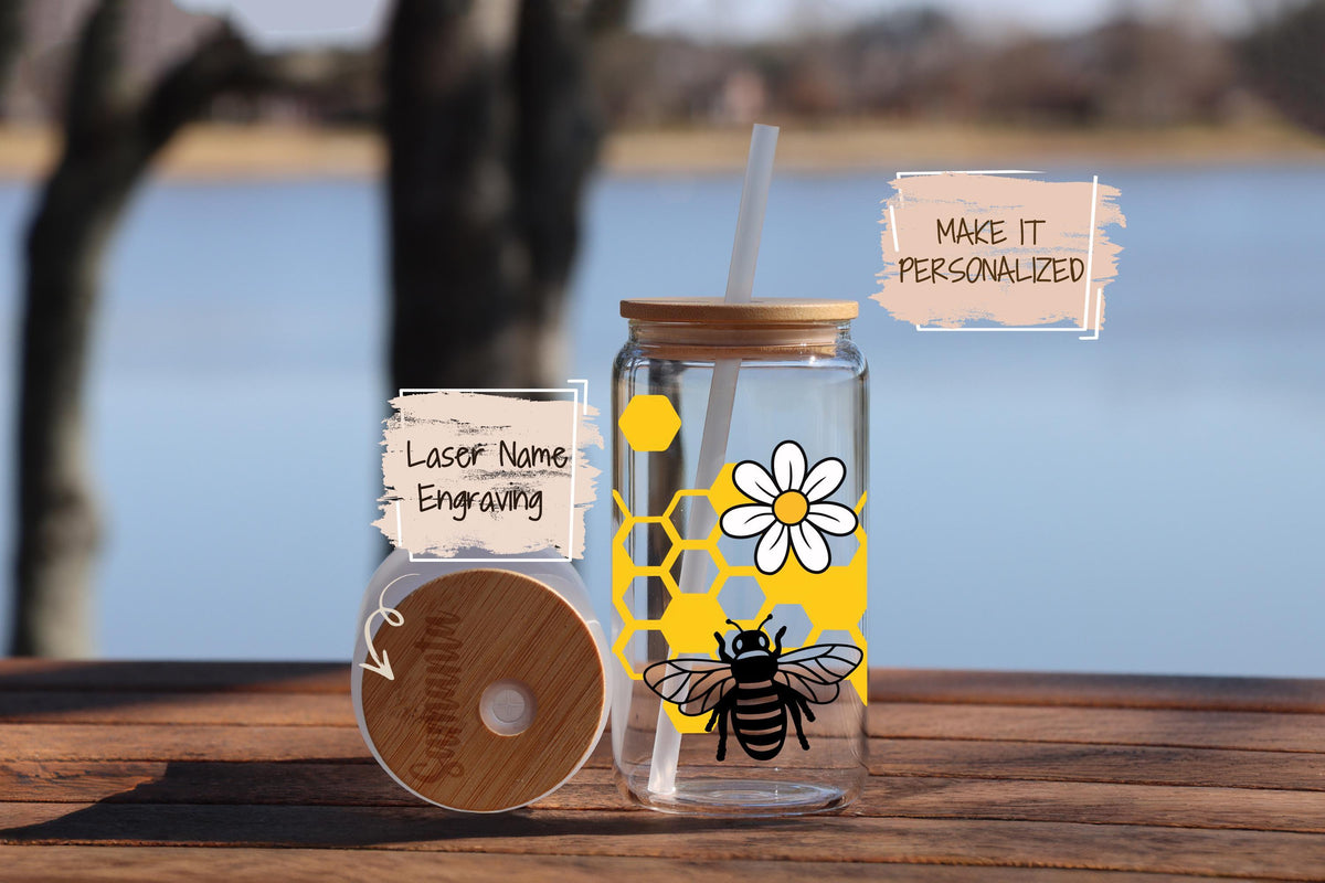 Personalized Honey Bee Glass Tumbler, Custom Name Bumble Bee Iced Coffee Cup (16oz)