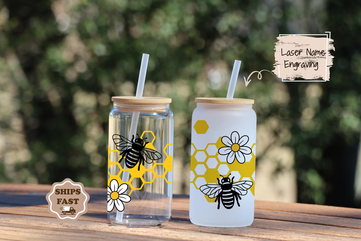 Personalized Honey Bee Glass Tumbler, Custom Name Bumble Bee Iced Coffee Cup (16oz)