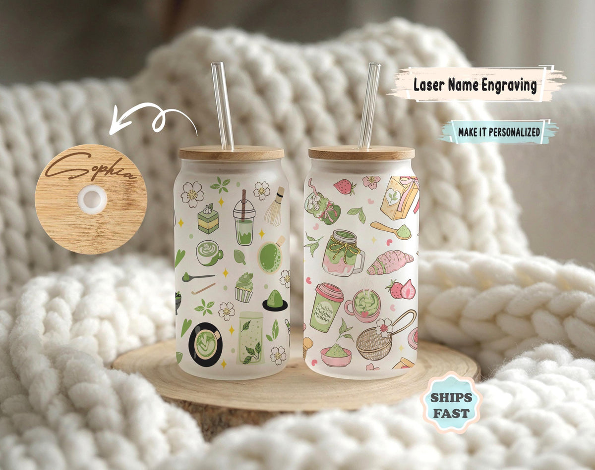 Custom Matcha Glass Tumbler, Personalized Green Tea Can Glass