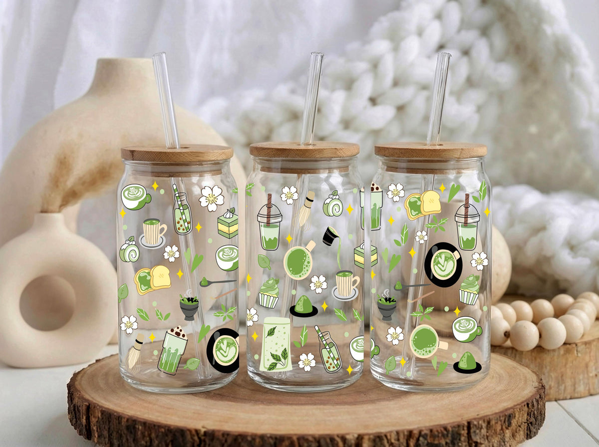 Custom Matcha Glass Tumbler, Personalized Green Tea Can Glass