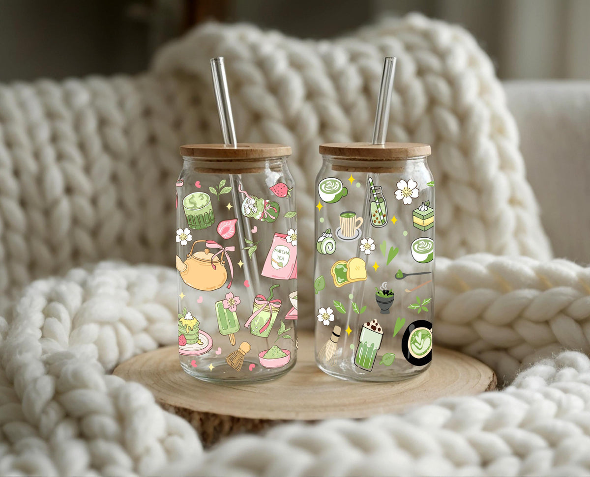 Custom Matcha Glass Tumbler, Personalized Green Tea Can Glass