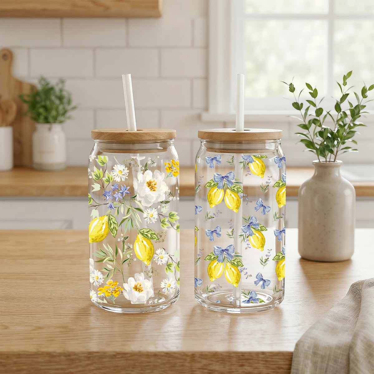 Personalized Lemon Iced Coffee Glass, 16oz Summer Can Cup with Bamboo Lid (Frosted)