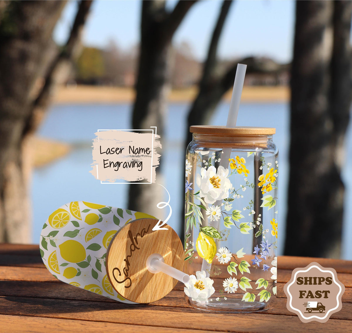 Personalized Lemon Iced Coffee Glass, 16oz Summer Can Cup with Bamboo Lid (Frosted)