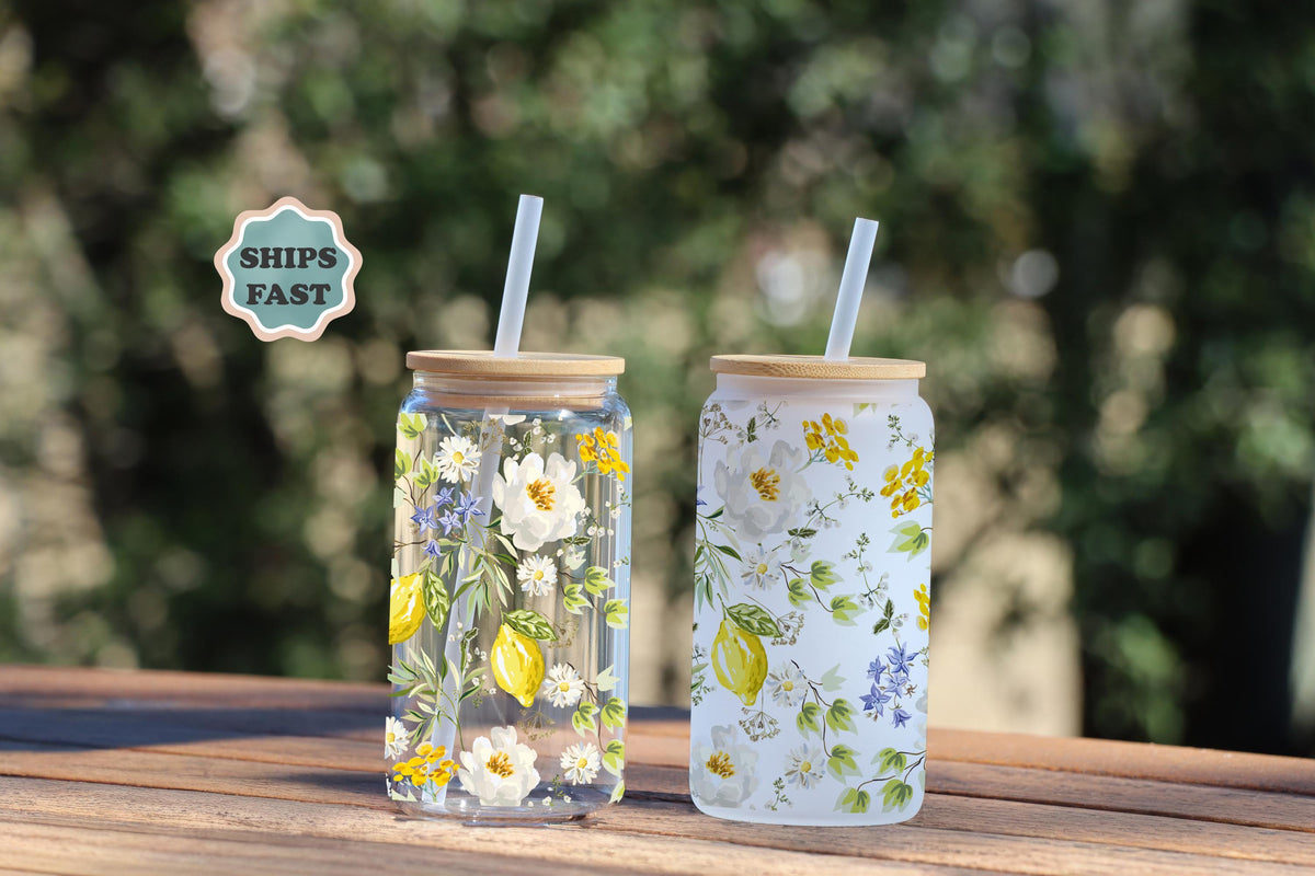 Personalized Lemon Iced Coffee Glass, 16oz Summer Can Cup with Bamboo Lid (Frosted)