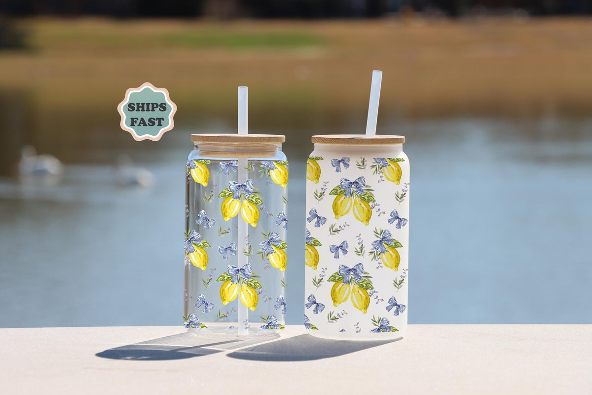 Personalized Lemon Iced Coffee Glass, 16oz Summer Can Cup with Bamboo Lid (Frosted)