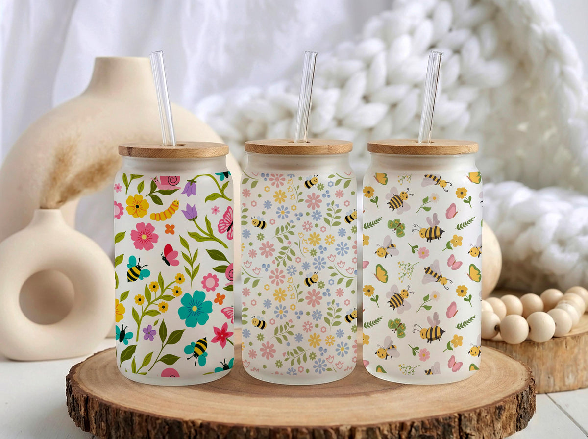 Personalized Floral Bee Butterfly Glass Tumbler, Iced Coffee Cup, Nature 16oz