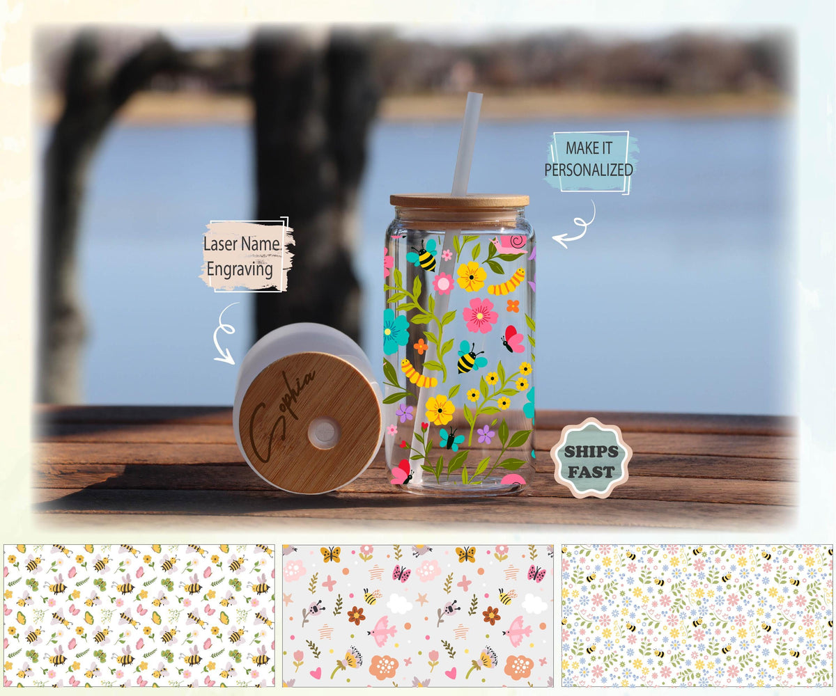 Personalized Floral Bee Butterfly Glass Tumbler, Iced Coffee Cup, Nature 16oz