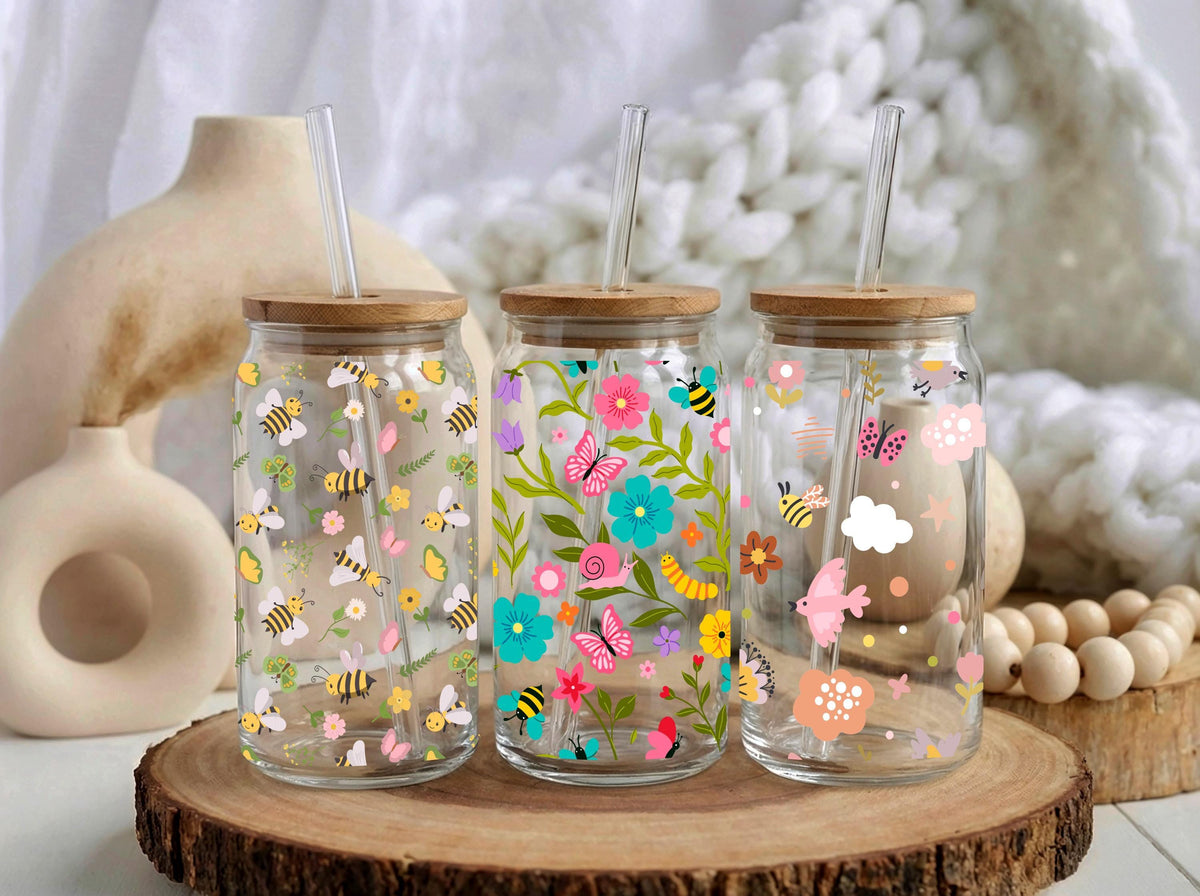 Personalized Floral Bee Butterfly Glass Tumbler, Iced Coffee Cup, Nature 16oz