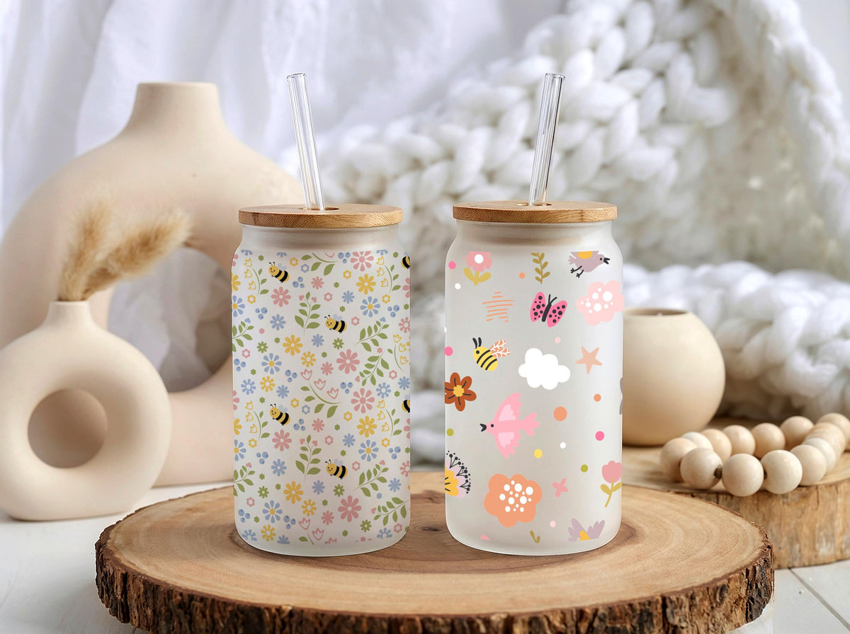 Personalized Floral Bee Butterfly Glass Tumbler, Iced Coffee Cup, Nature 16oz
