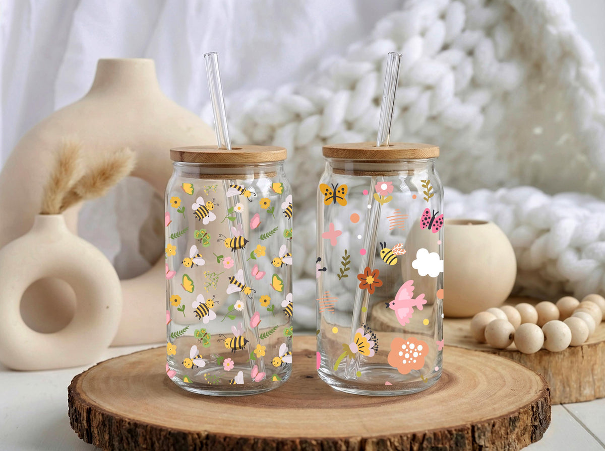 Personalized Floral Bee Butterfly Glass Tumbler, Iced Coffee Cup, Nature 16oz
