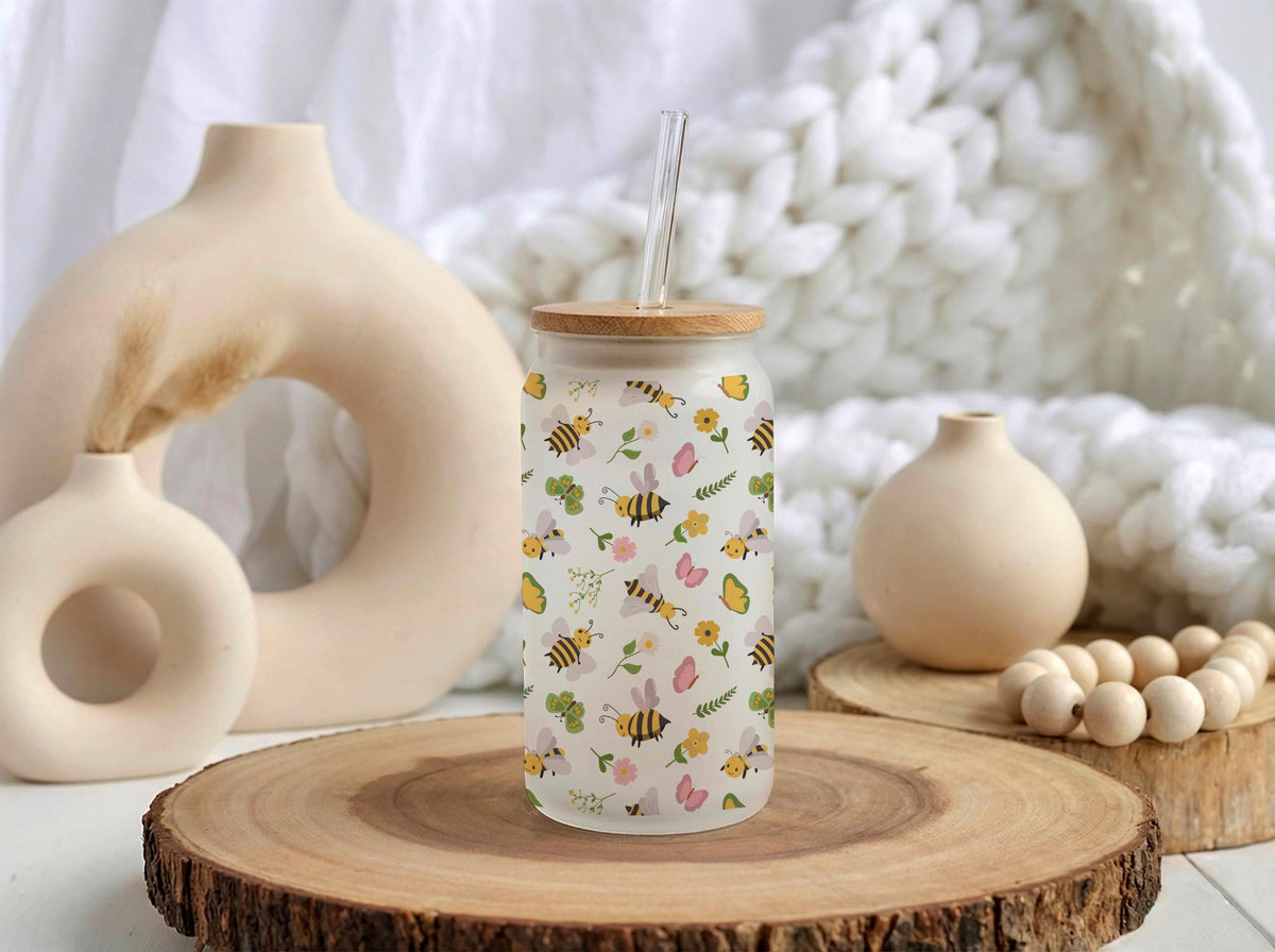 Personalized Floral Bee Butterfly Glass Tumbler, Iced Coffee Cup, Nature 16oz