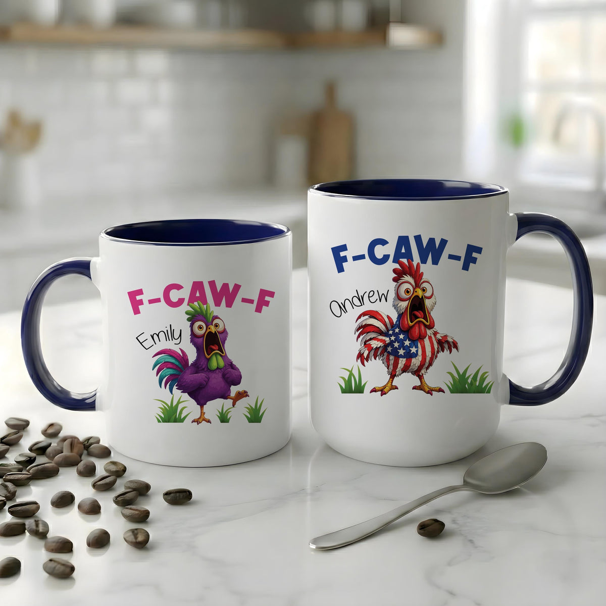 Funny Chicken Coffee Mug with Name, Personalized Rooster Cartoon Mug, F-CAW-F Farm Animal Gift
