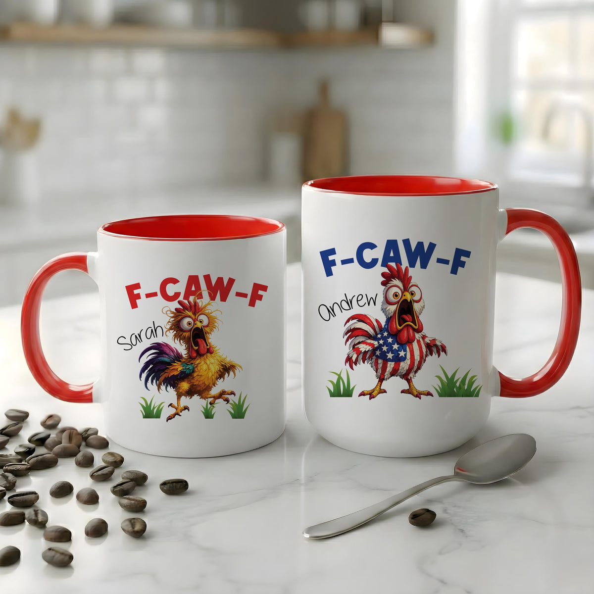 Funny Chicken Coffee Mug with Name, Personalized Rooster Cartoon Mug, F-CAW-F Farm Animal Gift