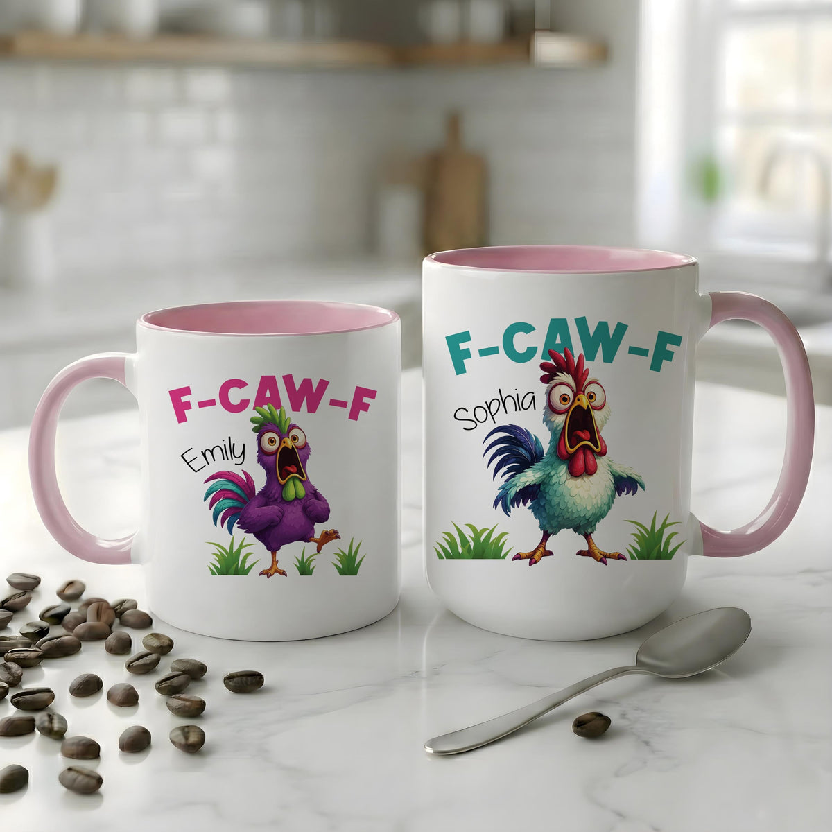 Funny Chicken Coffee Mug with Name, Personalized Rooster Cartoon Mug, F-CAW-F Farm Animal Gift