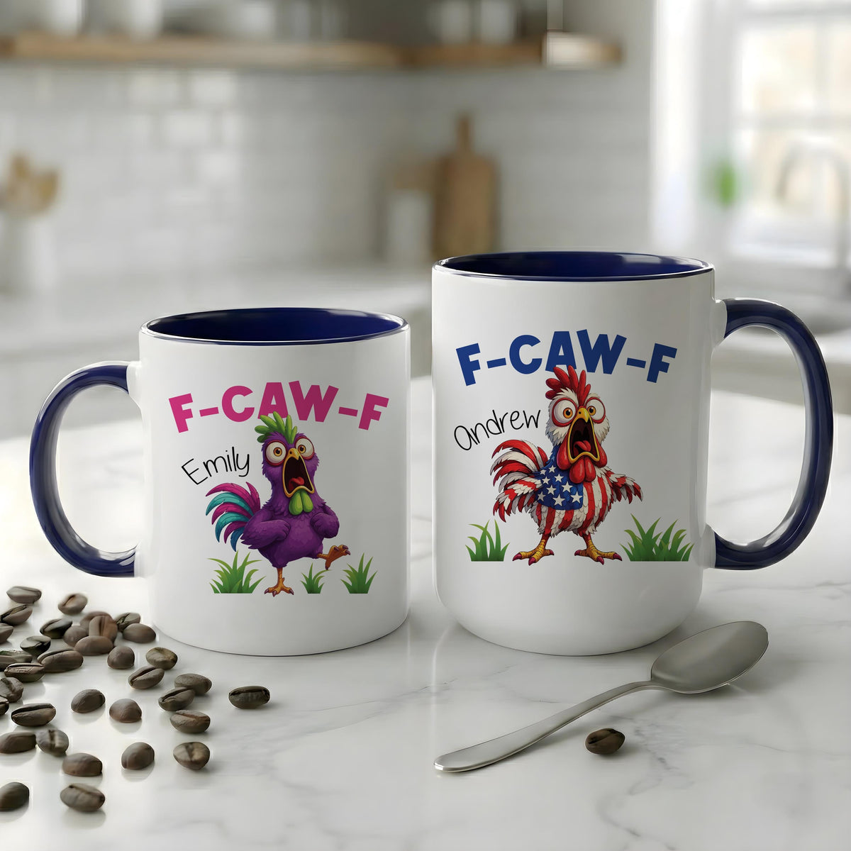 Funny Chicken Coffee Mug with Name, Personalized Rooster Cartoon Mug, F-CAW-F Farm Animal Gift