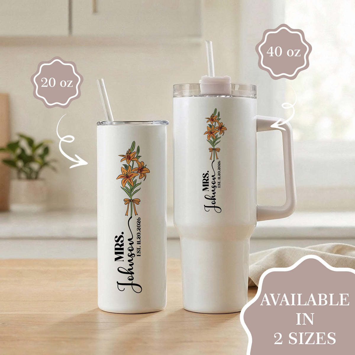 Personalized Birth Flower Bride Tumbler, Future Mrs Gift, Custom Wedding Date Cup