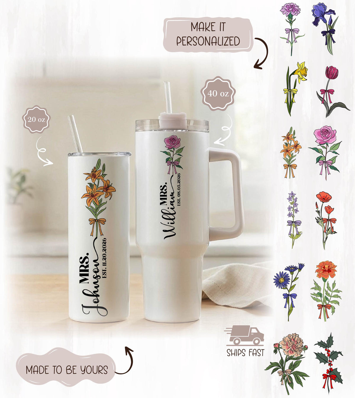 Personalized Birth Flower Bride Tumbler, Future Mrs Gift, Custom Wedding Date Cup