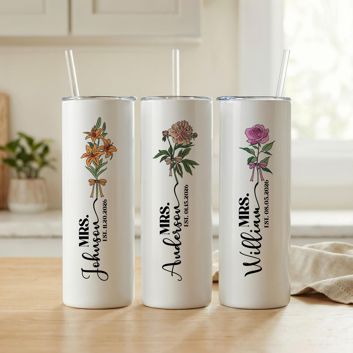 Personalized Birth Flower Bride Tumbler, Future Mrs Gift, Custom Wedding Date Cup