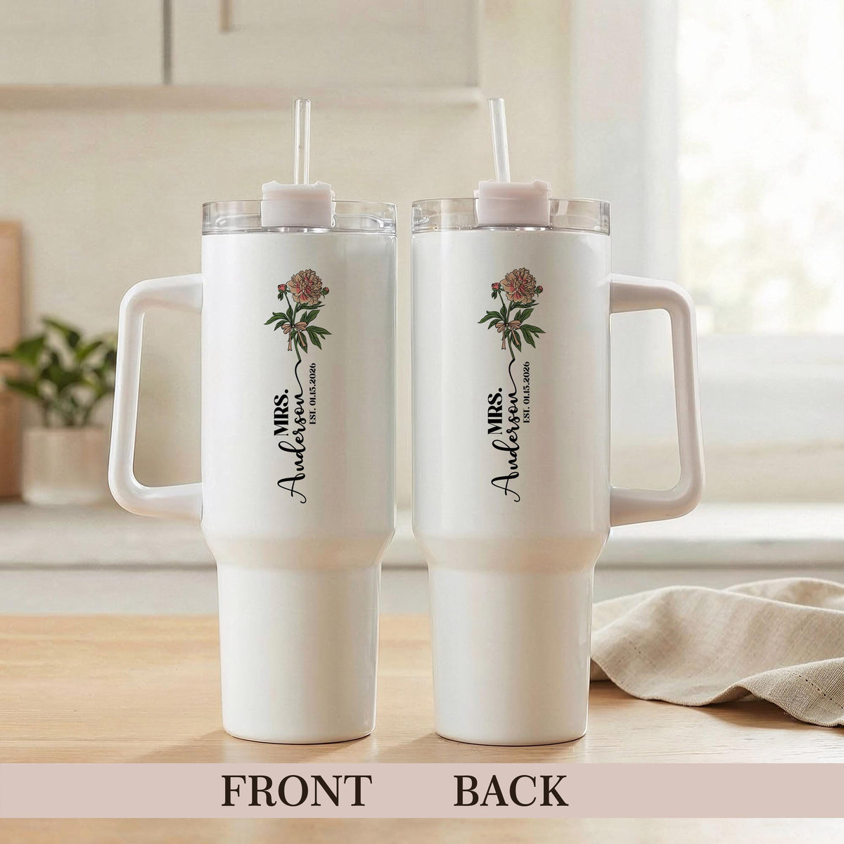 Personalized Birth Flower Bride Tumbler, Future Mrs Gift, Custom Wedding Date Cup