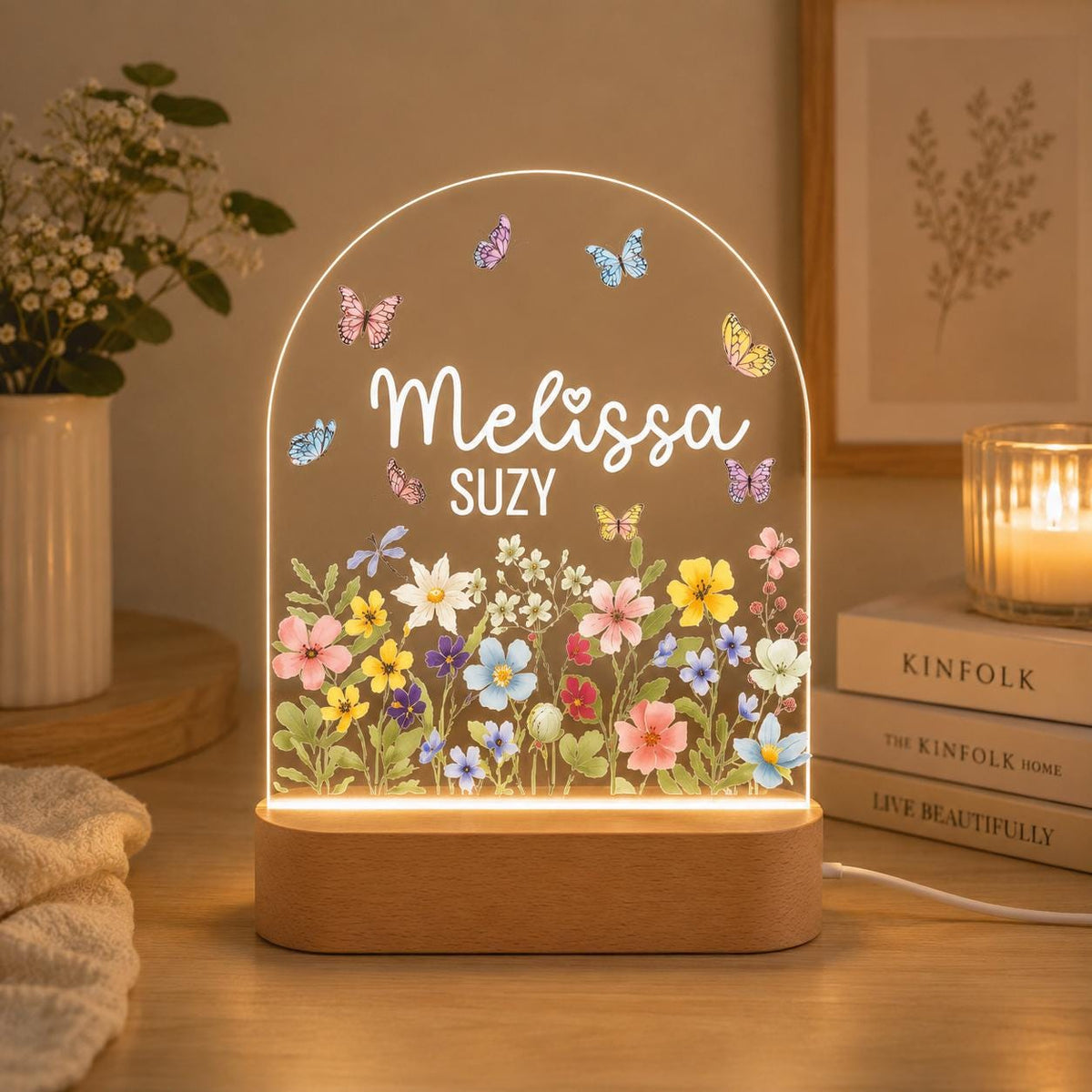 Personalized Floral Butterfly LED Night Light