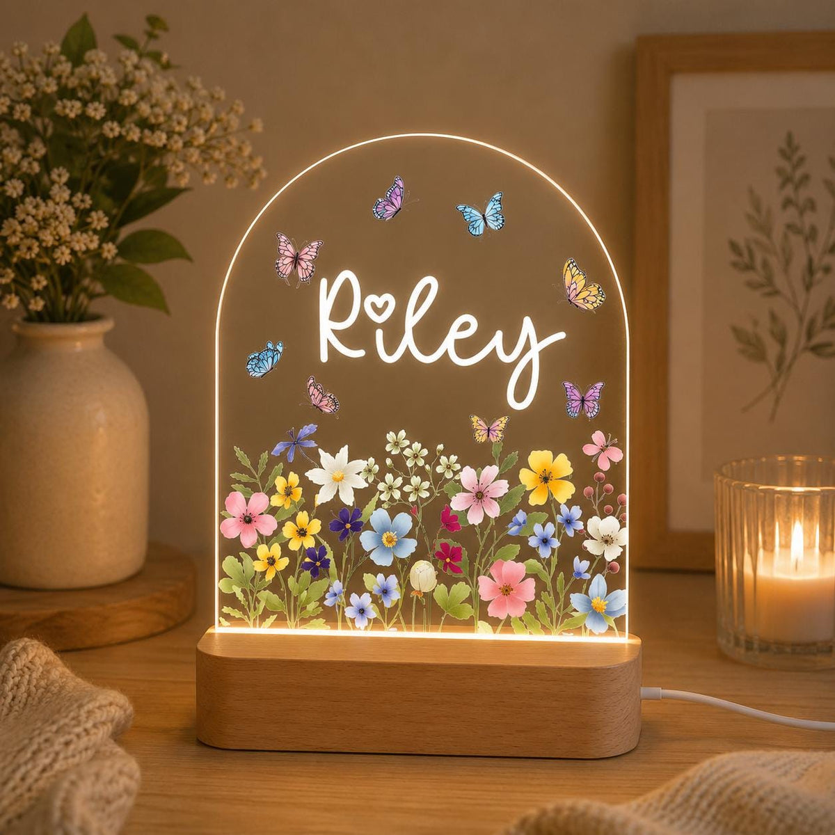 Personalized Floral Butterfly LED Night Light