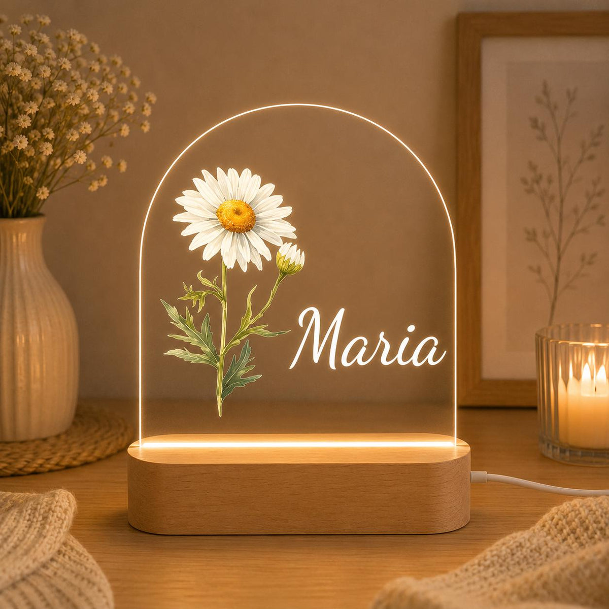Personalized Birth Flower LED Night Light with Custom Name