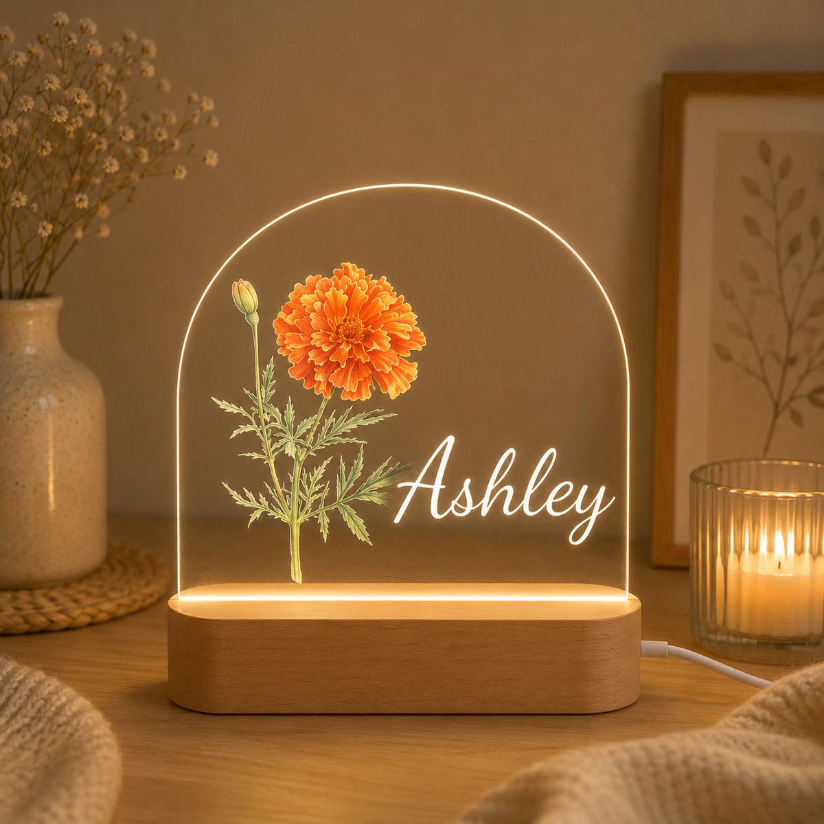 Personalized Birth Flower LED Night Light with Custom Name