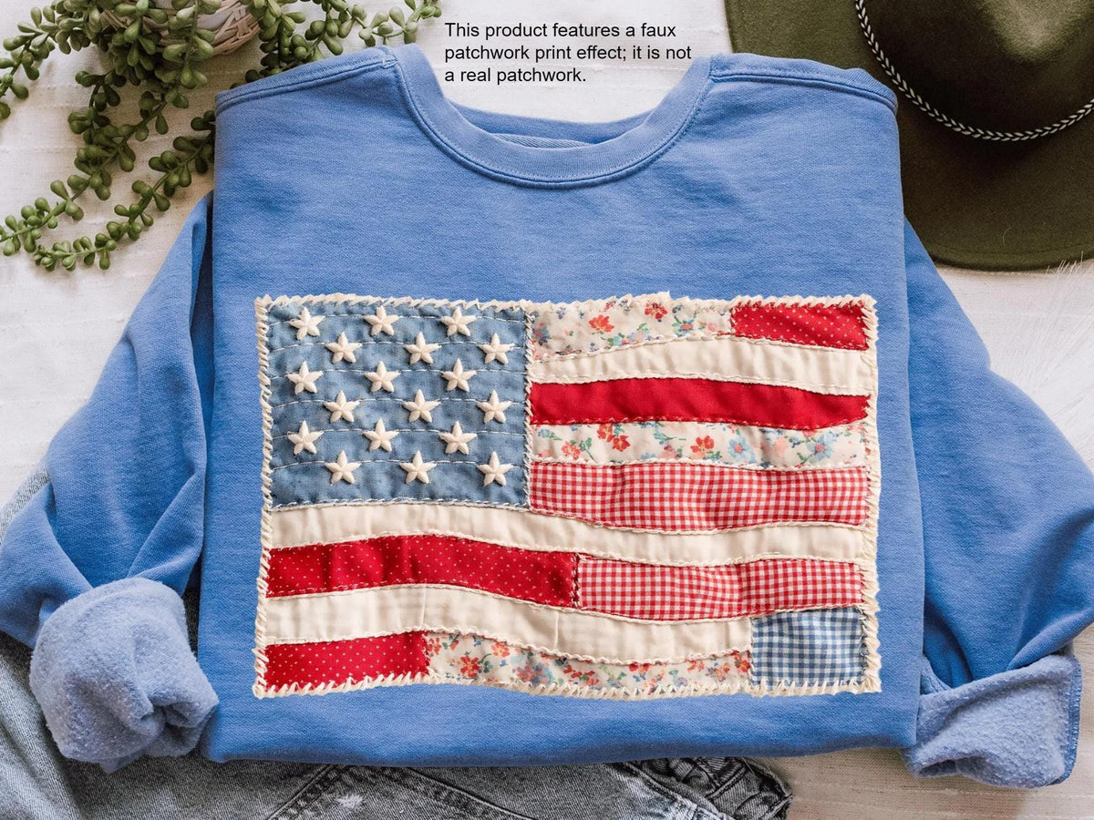 Faux Patchwork American Flag Comfort Colors® Sweatshirt, 250th Years Sweater, Fourth Of July Crewneck, Faux Quilted USA Sweatshirt