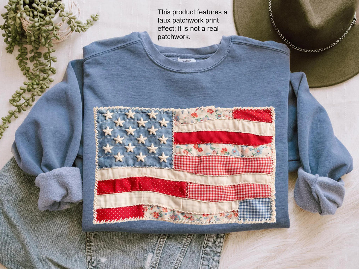Faux Patchwork American Flag Comfort Colors® Sweatshirt, 250th Years Sweater, Fourth Of July Crewneck, Faux Quilted USA Sweatshirt
