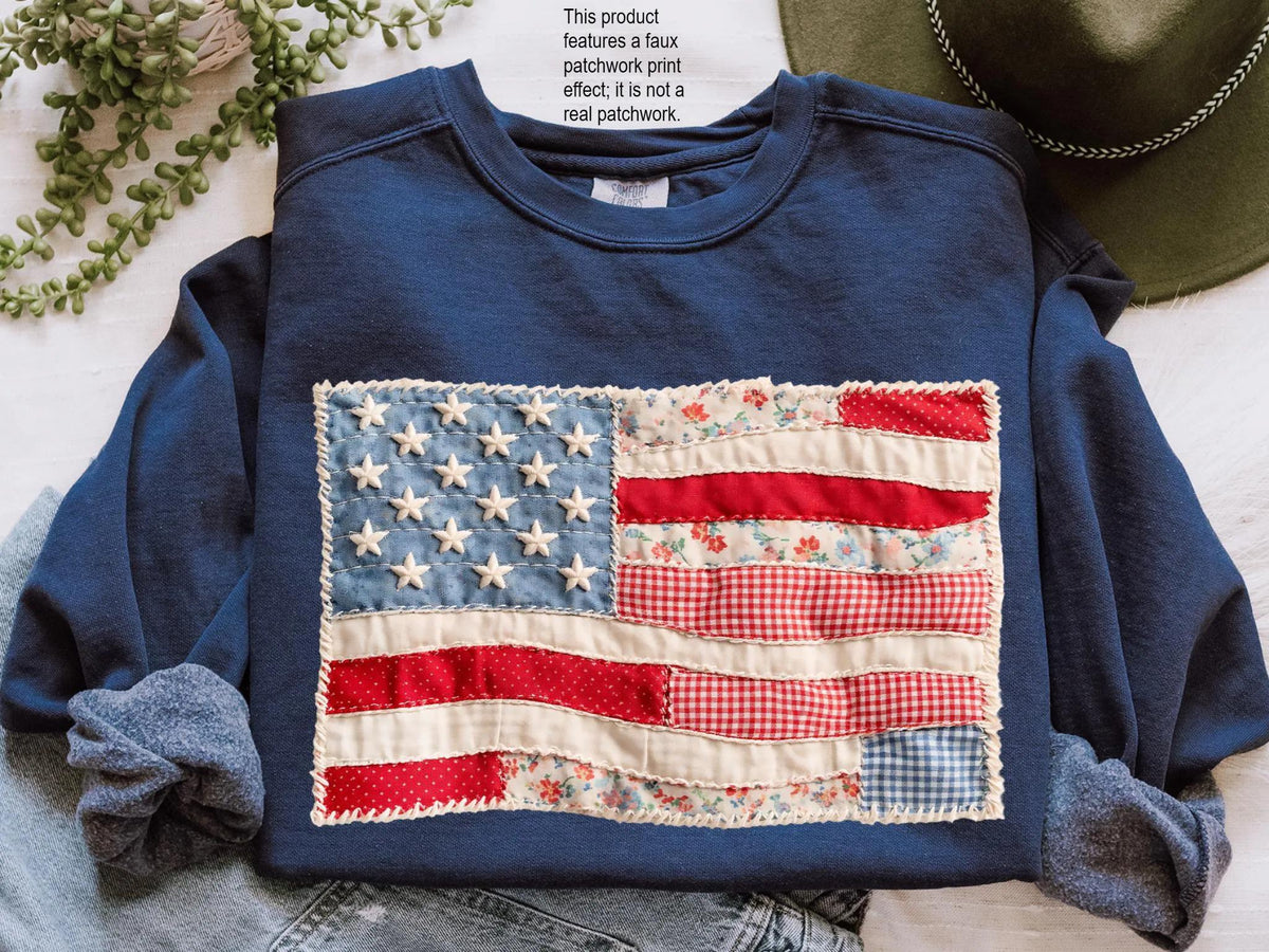 Faux Patchwork American Flag Comfort Colors® Sweatshirt, 250th Years Sweater, Fourth Of July Crewneck, Faux Quilted USA Sweatshirt