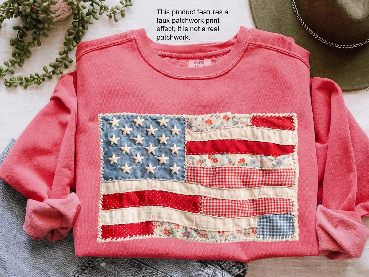 Faux Patchwork American Flag Comfort Colors® Sweatshirt, 250th Years Sweater, Fourth Of July Crewneck, Faux Quilted USA Sweatshirt