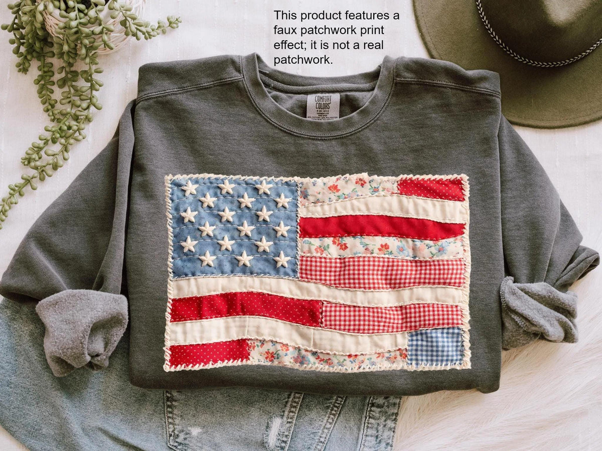 Faux Patchwork American Flag Comfort Colors® Sweatshirt, 250th Years Sweater, Fourth Of July Crewneck, Faux Quilted USA Sweatshirt