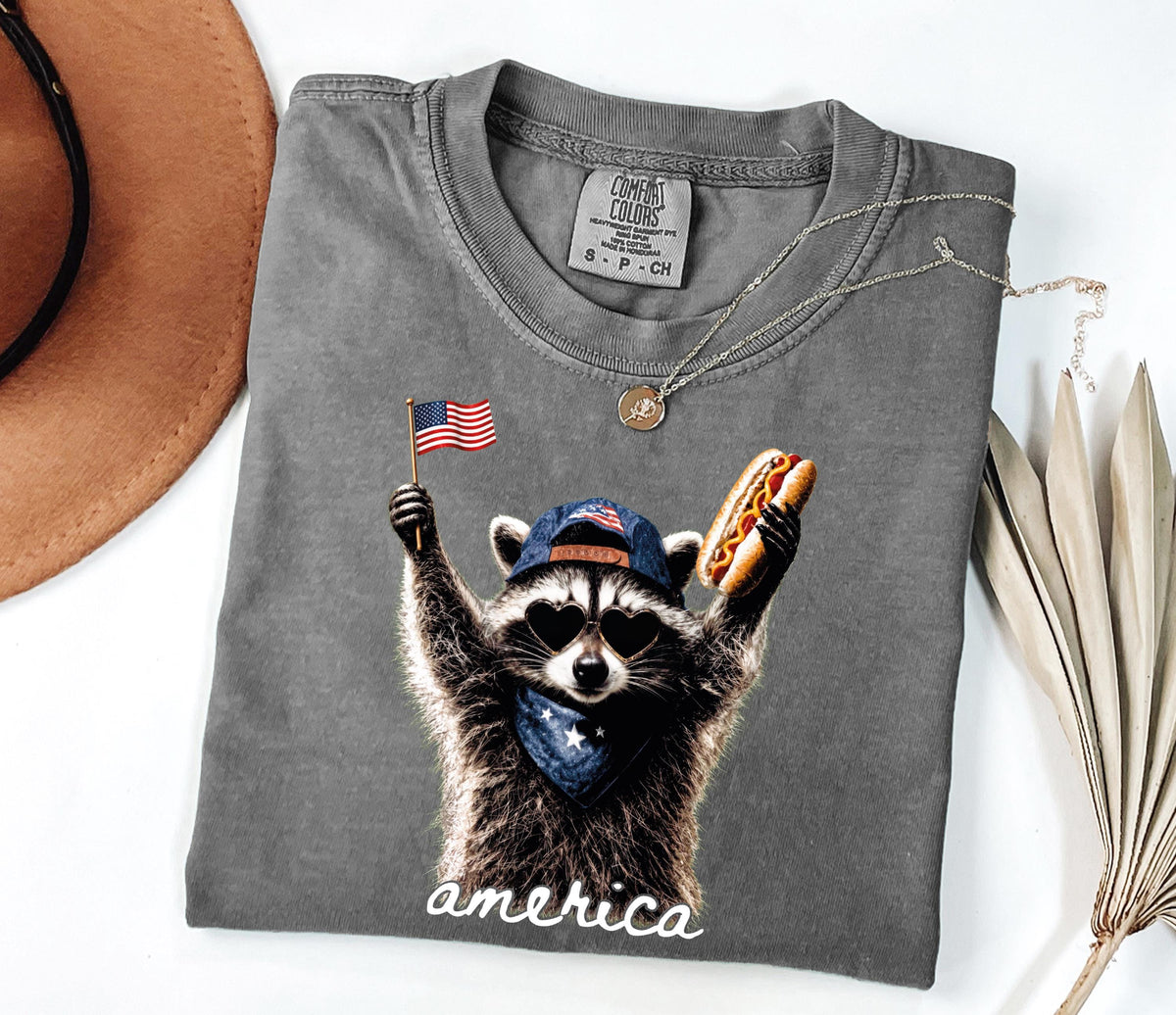 Patriotic Raccoon with Hot Dog Graphic Shirt