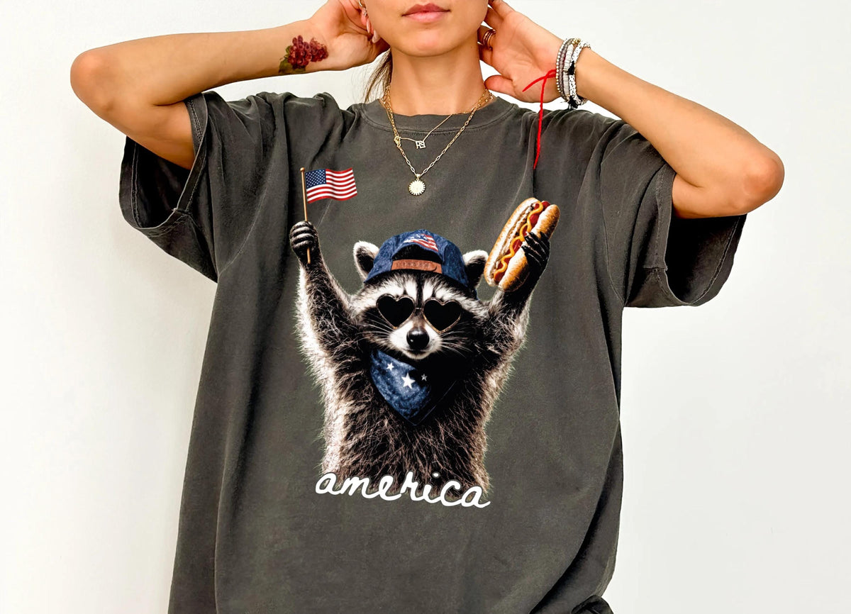 Patriotic Raccoon with Hot Dog Graphic Shirt