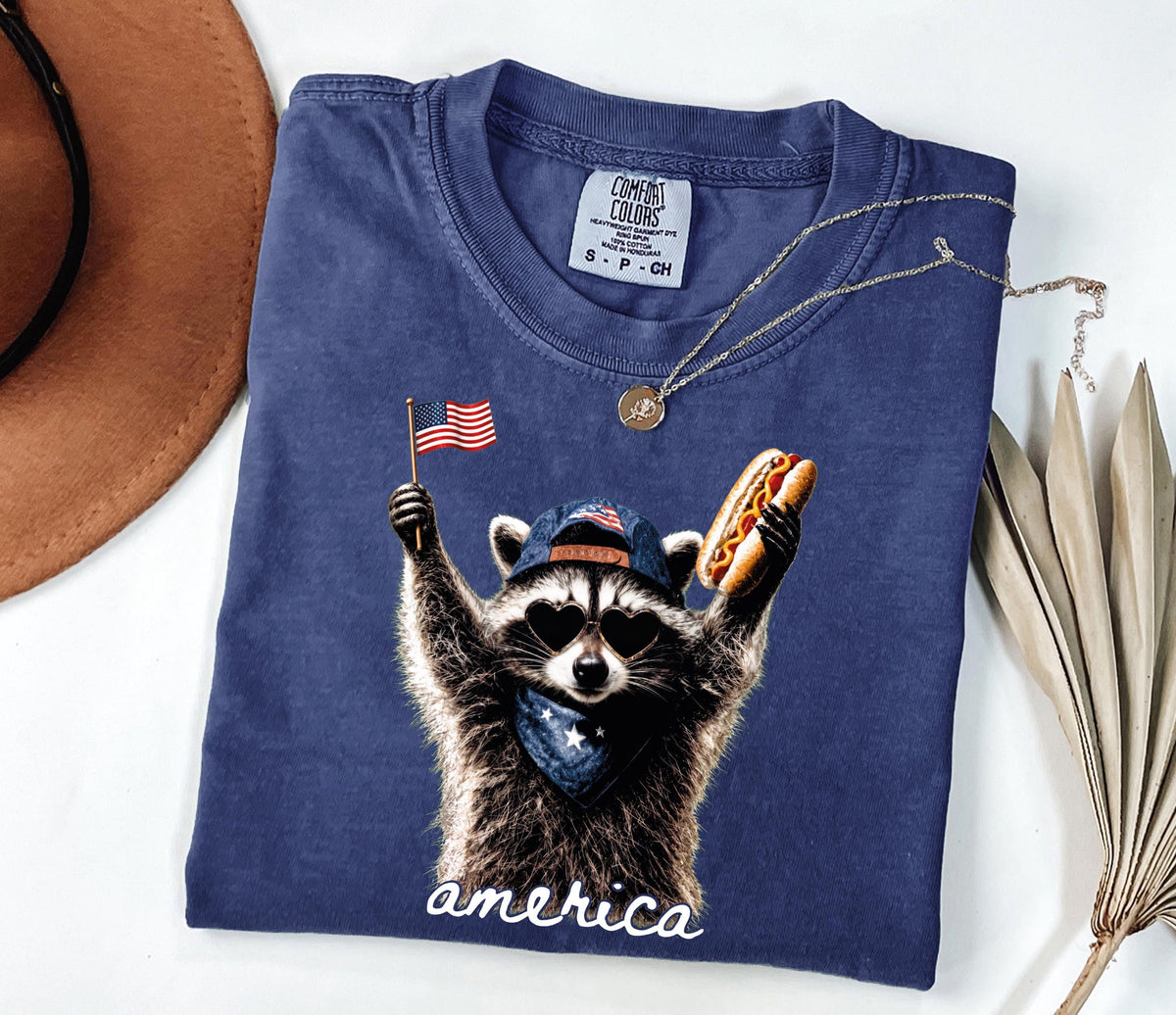 Patriotic Raccoon with Hot Dog Graphic Shirt
