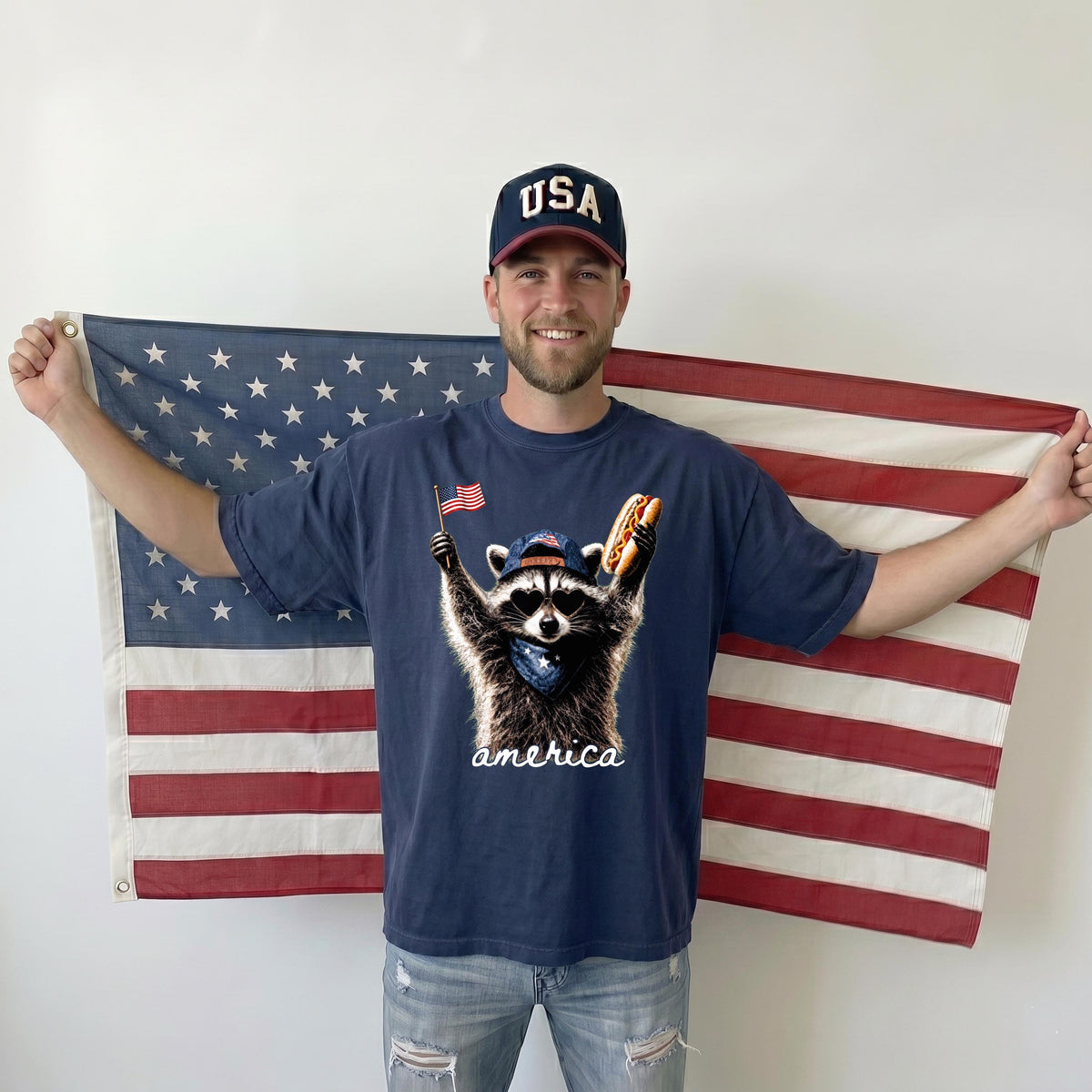 Patriotic Raccoon with Hot Dog Graphic Shirt